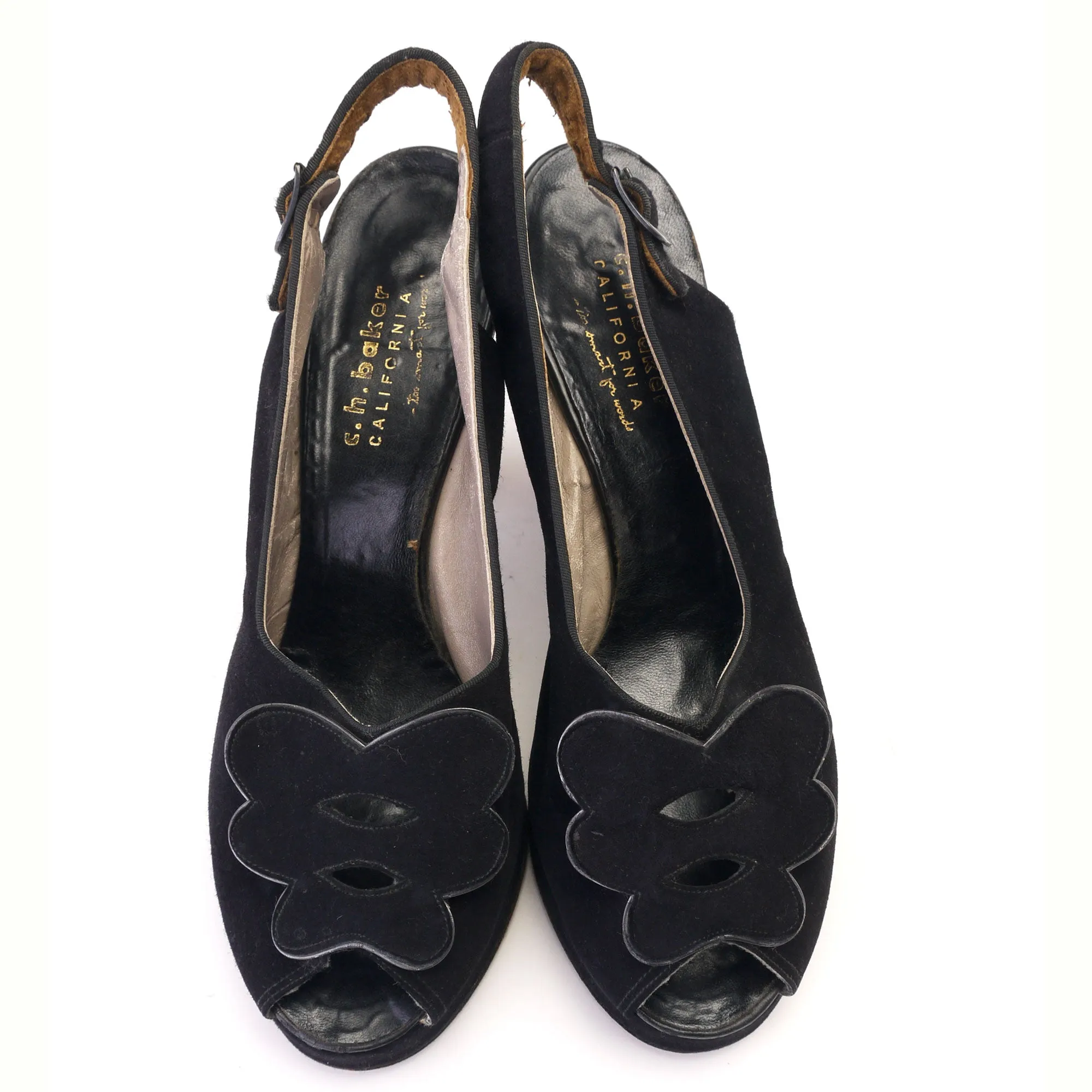1940s Black Suede Platform Slingbacks CH Baker UK 5.5