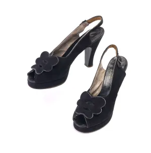 1940s Black Suede Platform Slingbacks CH Baker UK 5.5
