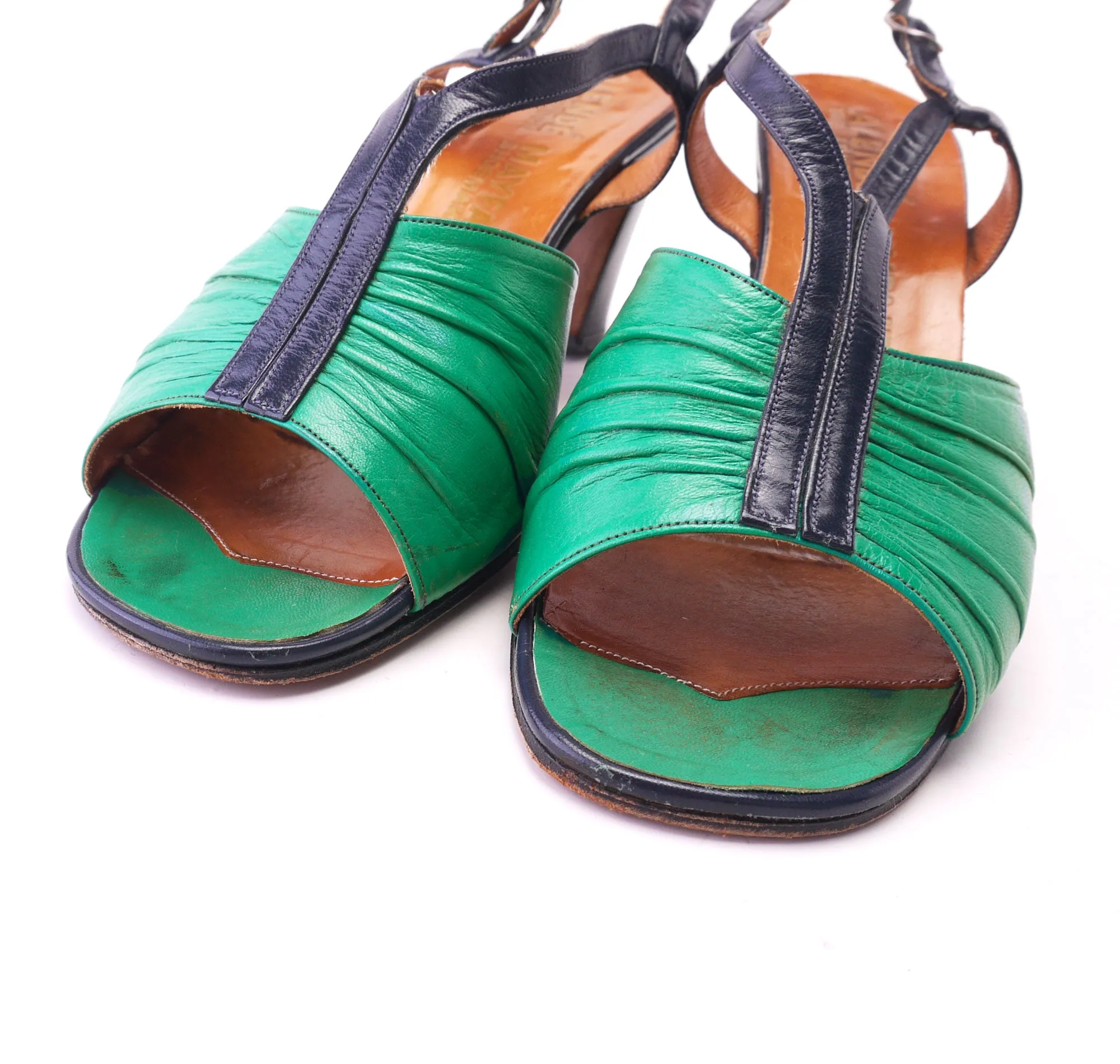 1970s Green & Navy Alende Slingback Sandals UK 5.5