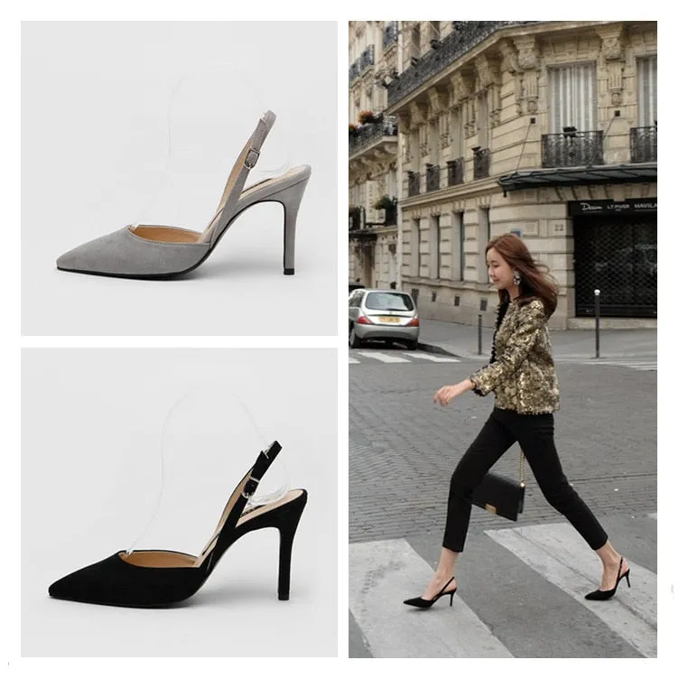 2020 Hot Sale Shoes Woman Thin High Heels Point Toe Slingbacks Solid Flock Office Ladies Work Sexy Dress Sandals Wedding Heels