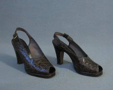 40s Slingback Platform Heels Vintage 50s Peeptoe Shoes Leather Faux Alligator Wetherby Kayser 7 VFG