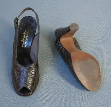 40s Slingback Platform Heels Vintage 50s Peeptoe Shoes Leather Faux Alligator Wetherby Kayser 7 VFG
