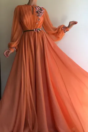 A-line High Neck Hand-Made Flowers Long Sleeves Long Chiffon Prom Dresses Long Evening Dress OHC243