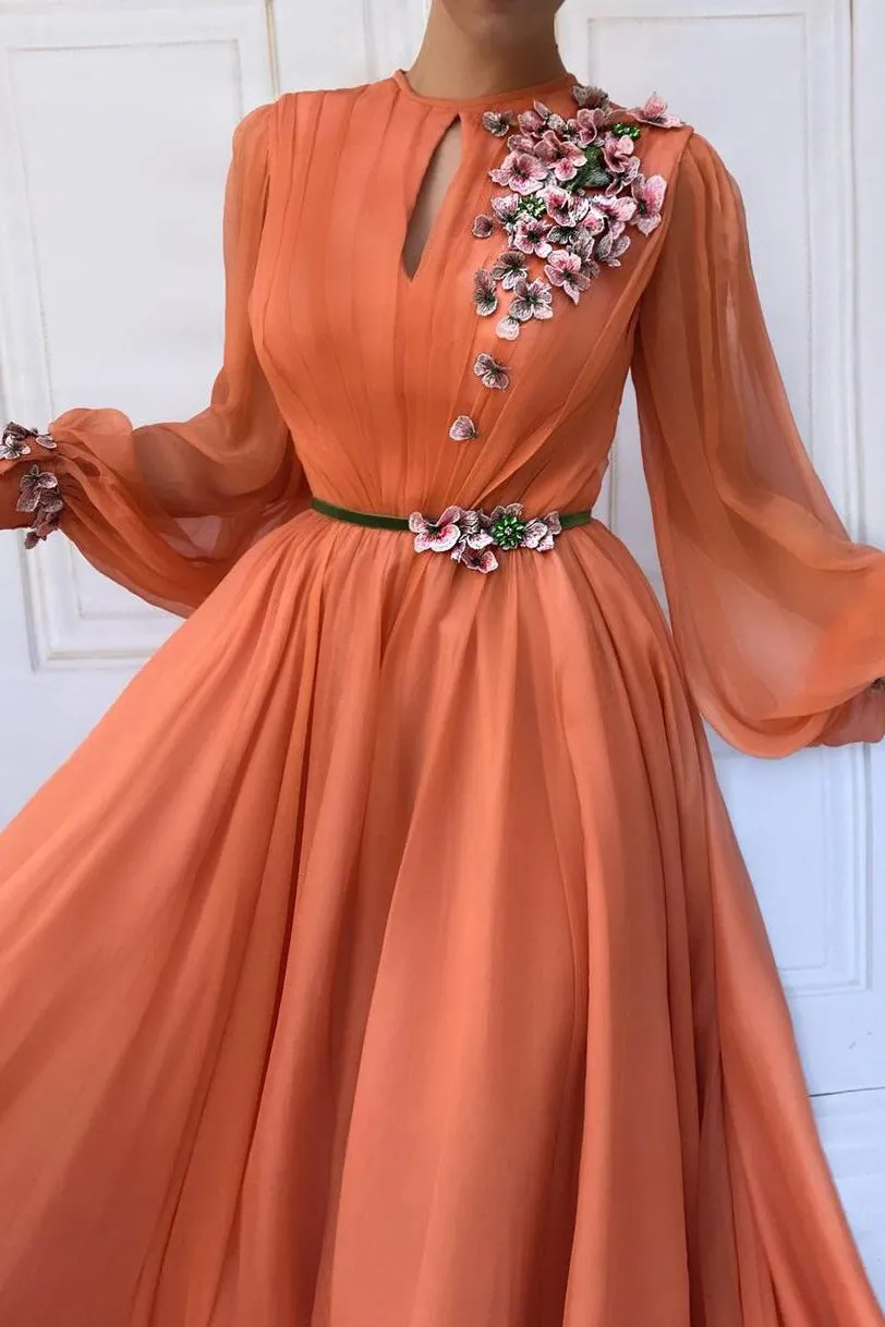 A-line High Neck Hand-Made Flowers Long Sleeves Long Chiffon Prom Dresses Long Evening Dress OHC243