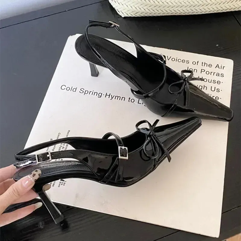 ADVBRIDGE  -  Blue Patent Leather High Heels Women Sexy Pointy Toe Bow Decorated Heeled Sandals Summer Elegant Slingbacks Dress Women Pumps