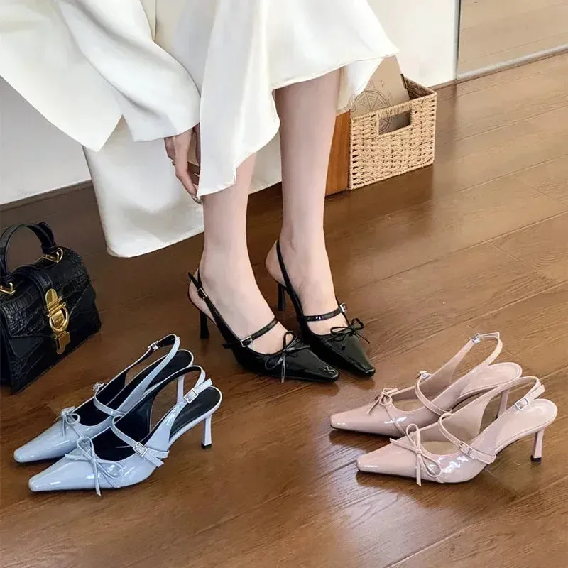 ADVBRIDGE  -  Blue Patent Leather High Heels Women Sexy Pointy Toe Bow Decorated Heeled Sandals Summer Elegant Slingbacks Dress Women Pumps
