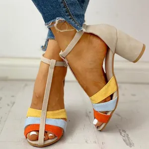 Ankle Buckled Colorblock Chunky Heeled Sandals