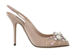 Beige Silk Butterfly Crystal Slingback Shoes
