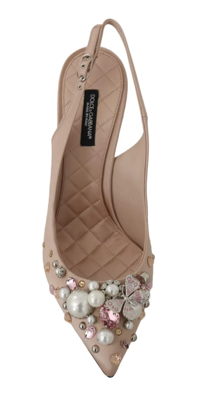 Beige Silk Butterfly Crystal Slingback Shoes