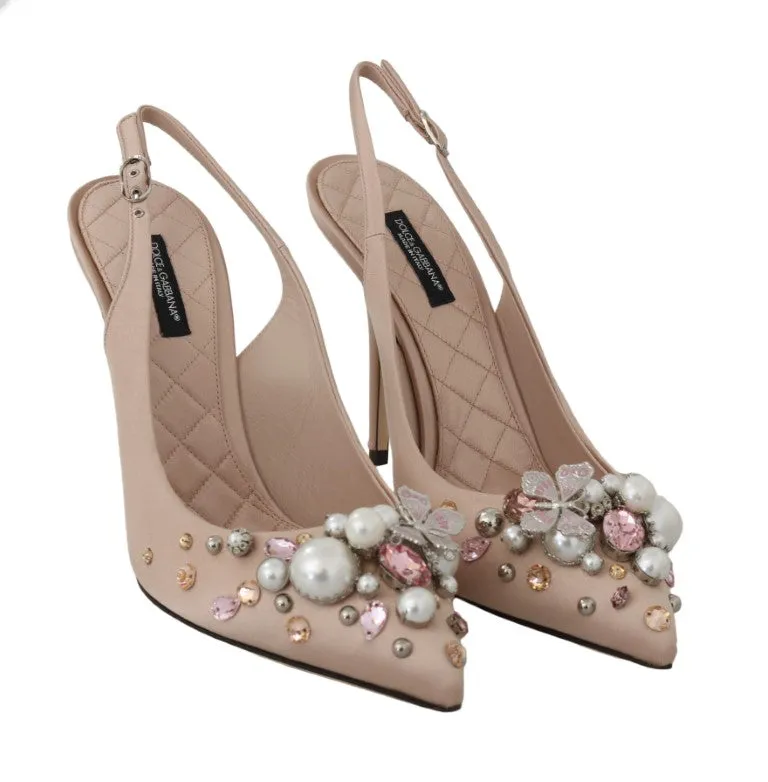 Beige Silk Butterfly Crystal Slingback Shoes