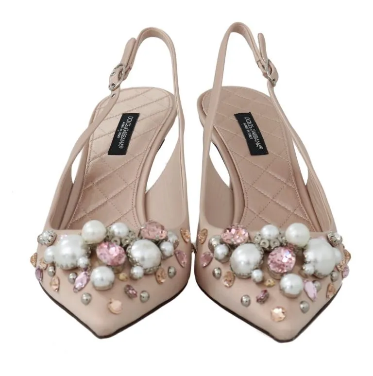 Beige Silk Raso Crystal Slingbacks Shoes