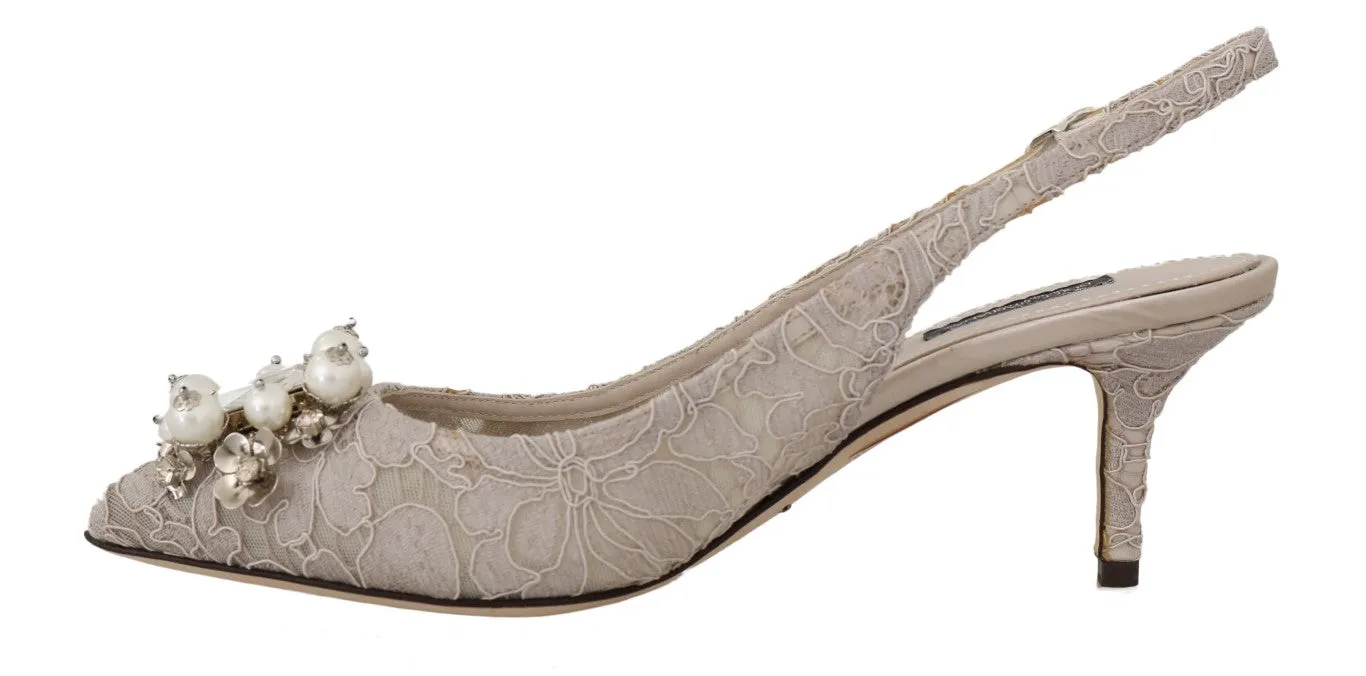 Beige Taormina Lace Crystal Slingbacks Shoes