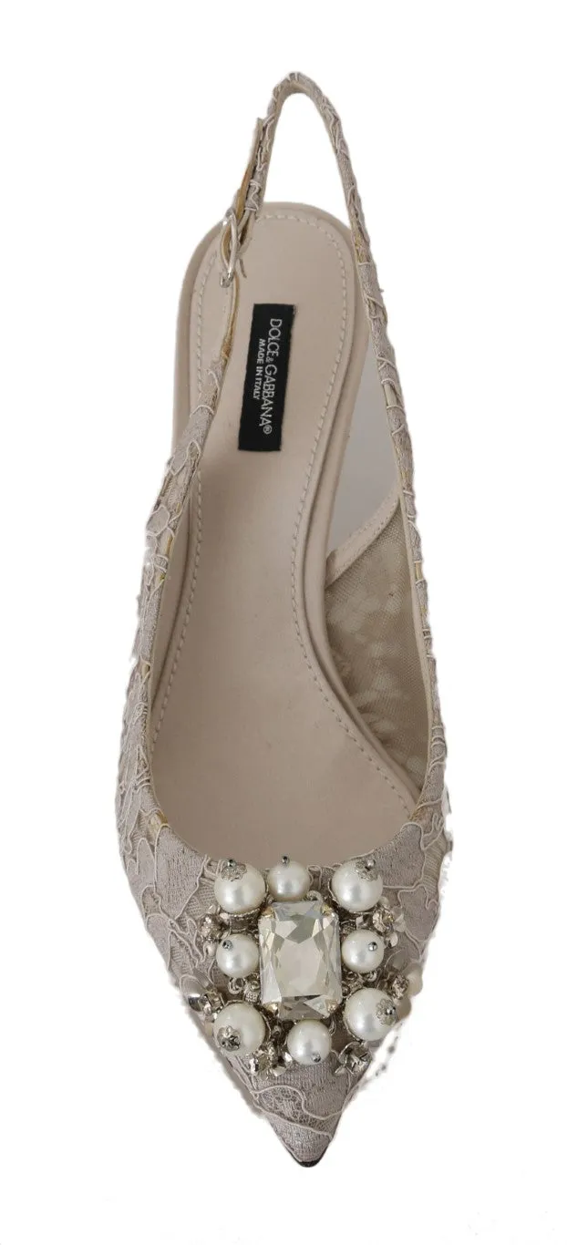 Beige Taormina Lace Crystal Slingbacks Shoes
