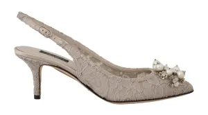 Beige Taormina Lace Crystal Slingbacks Shoes