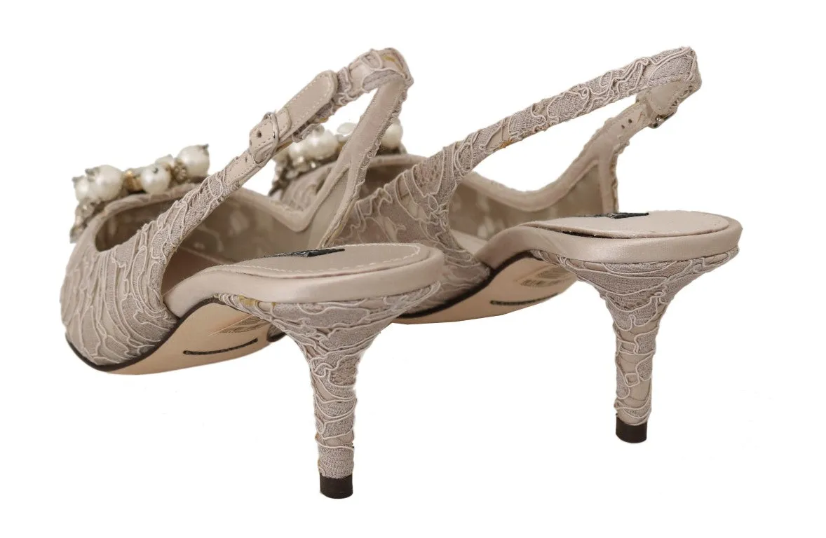 Beige Taormina Lace Crystal Slingbacks Shoes