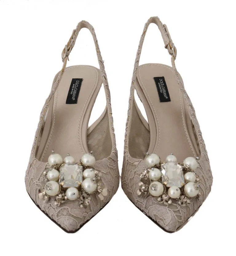 Beige Taormina Lace Crystal Slingbacks Shoes