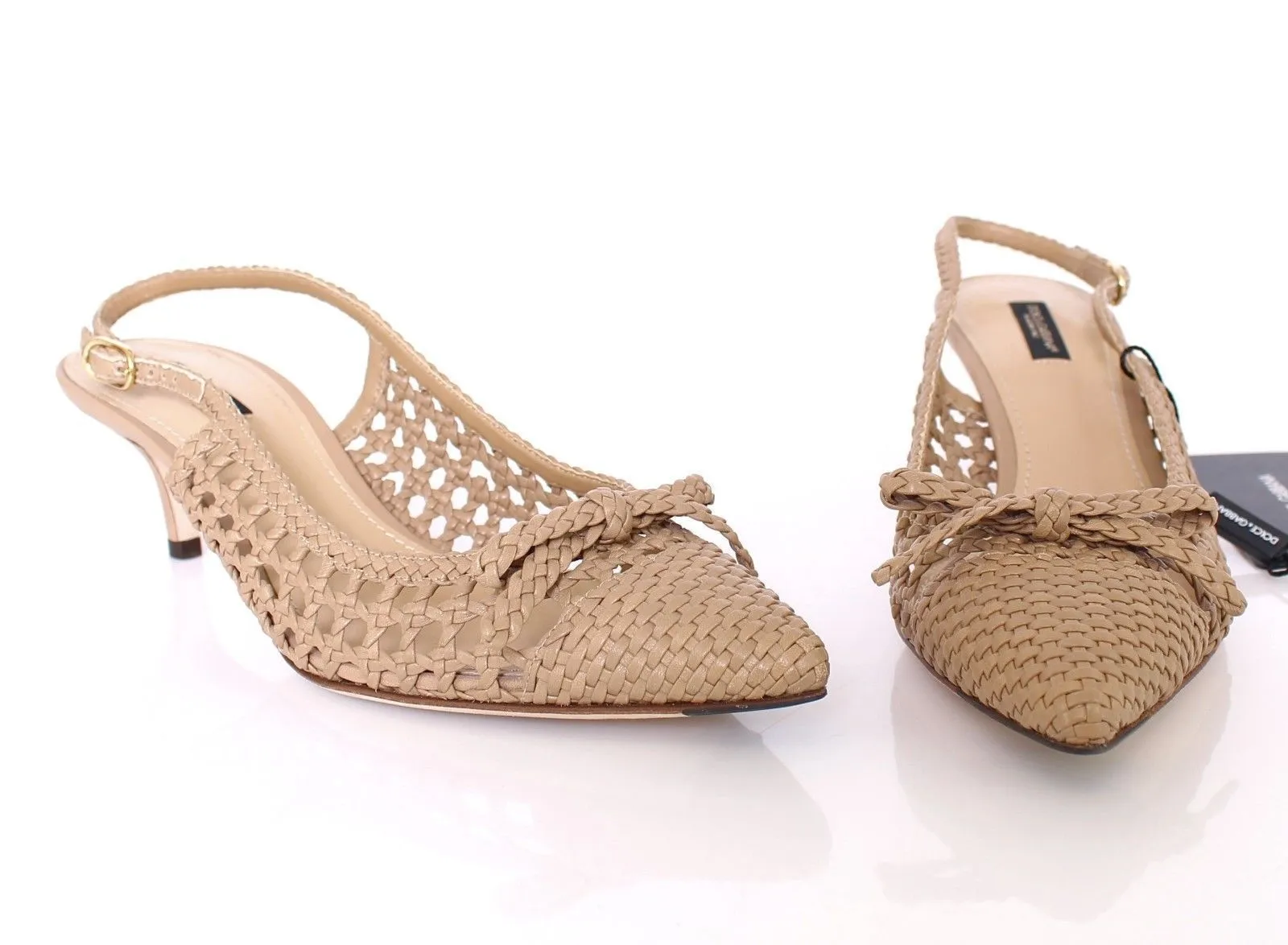 Beige Woven Leather Slingbacks Kitten Heels Low Midheel Designer Pumps