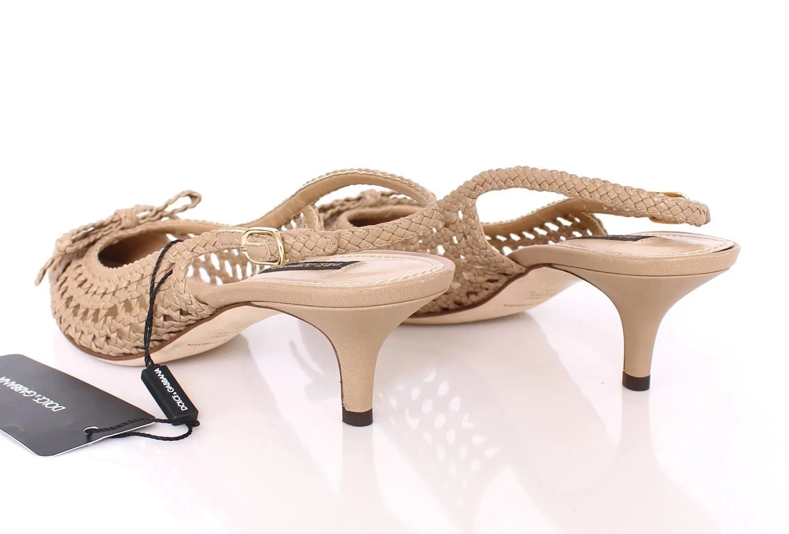 Beige Woven Leather Slingbacks Kitten Heels Low Midheel Designer Pumps
