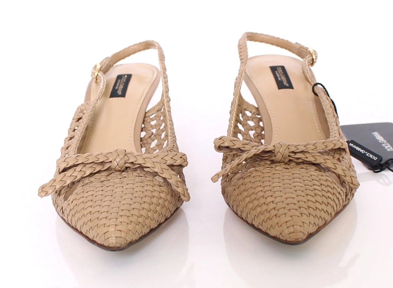 Beige Woven Leather Slingbacks Kitten Heels Low Midheel Designer Pumps