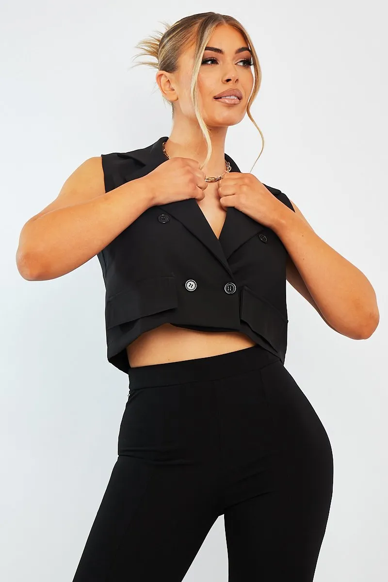 Black Cropped Sleeveless Blazer Top - Frankiee