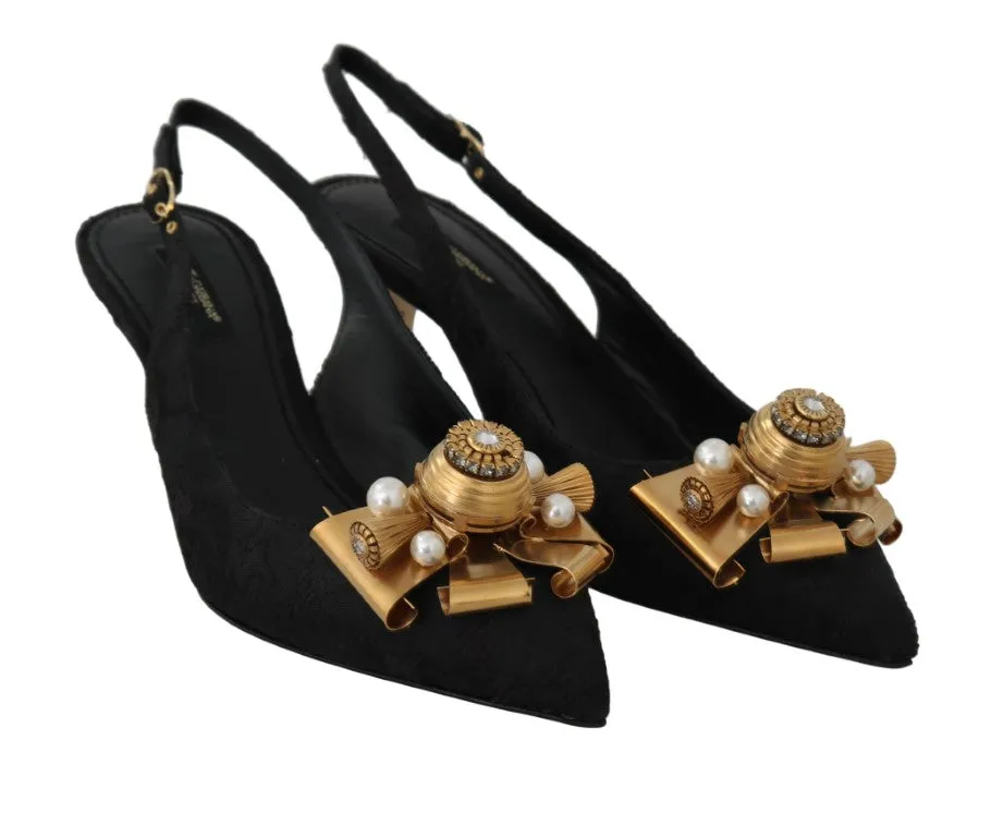Black Jacquard Crystal Slingbacks Shoes