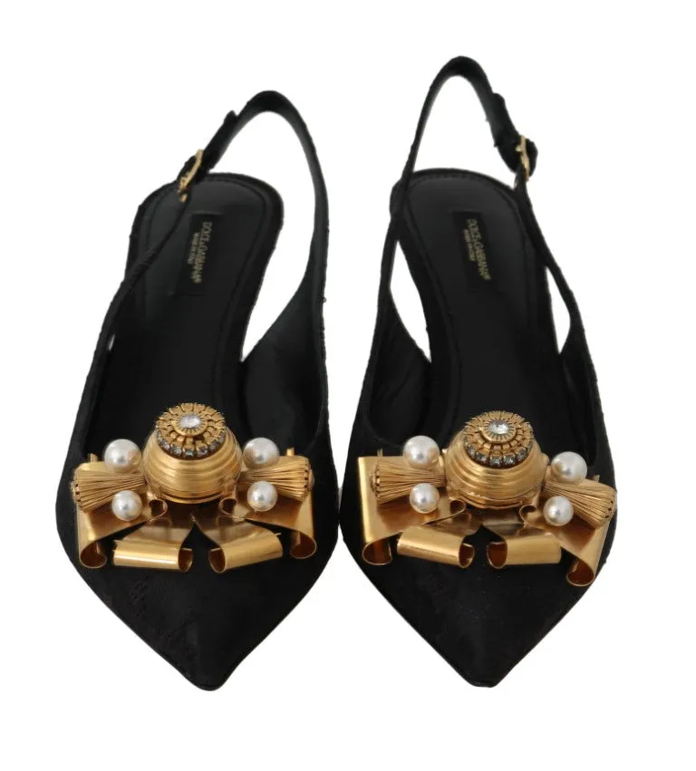 Black Jacquard Crystal Slingbacks Shoes