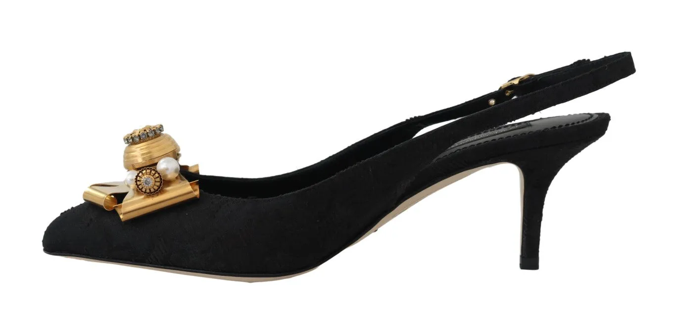 Black Jacquard Crystal Slingbacks Shoes