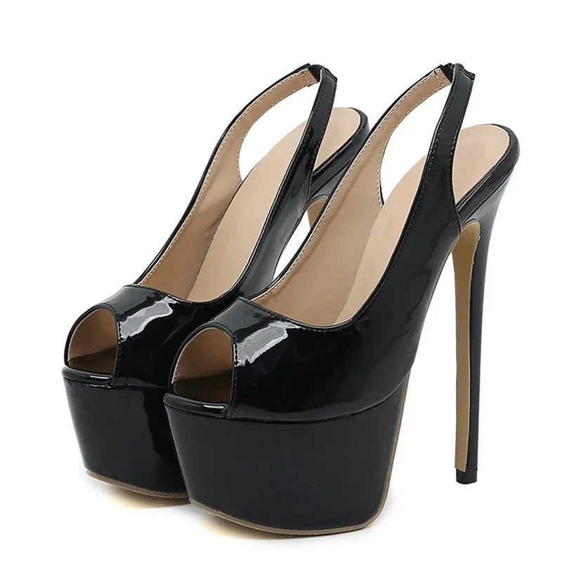 Black Leather Peep Toe High Heels Sexy 16CM Women Shoes