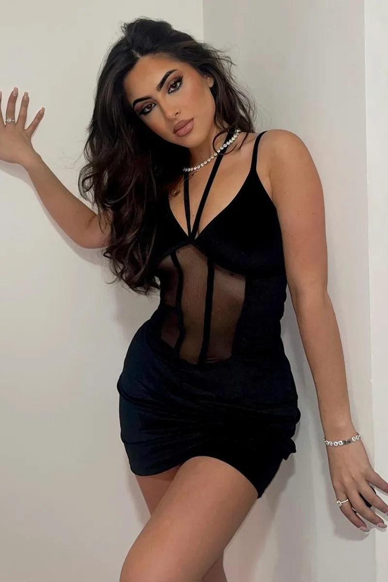 Black Mesh Detail Corset Velvet Mini Dress - Asha
