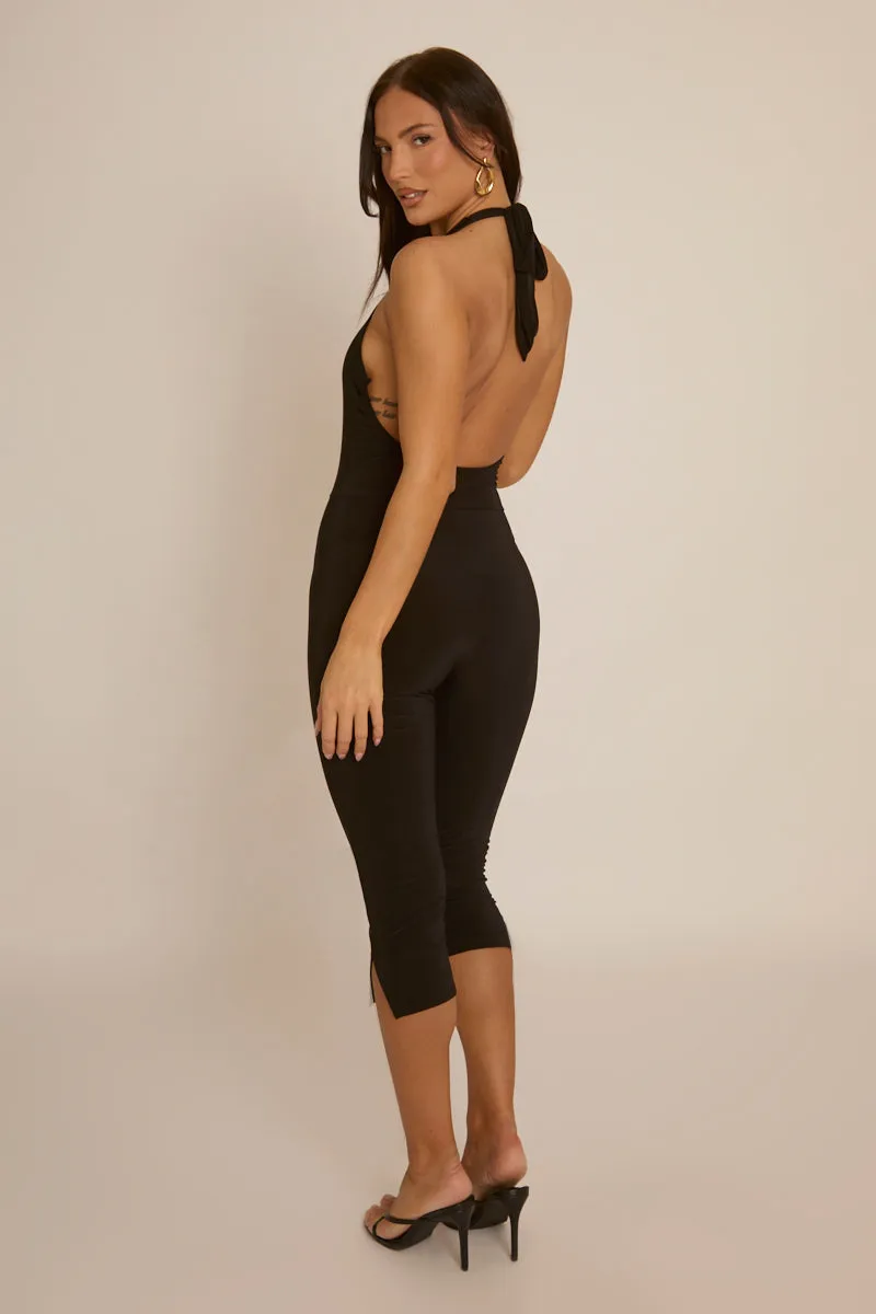 Black Open Back Capri Length Jumpsuit - Wendy