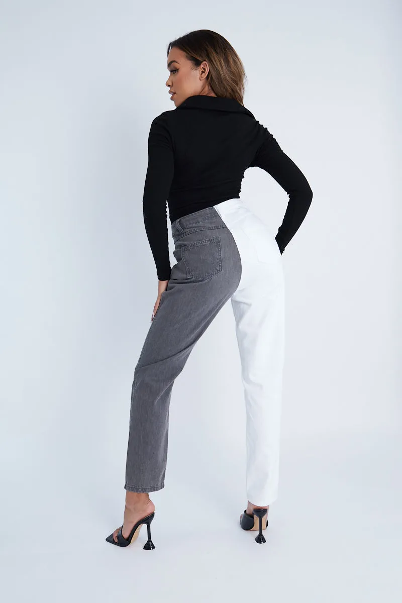 Black Plunge Button Front Collar Bodysuit - Isabella