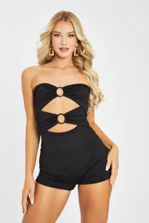 Black Ring Detail Cut Out Ruched Playsuit - Hanya