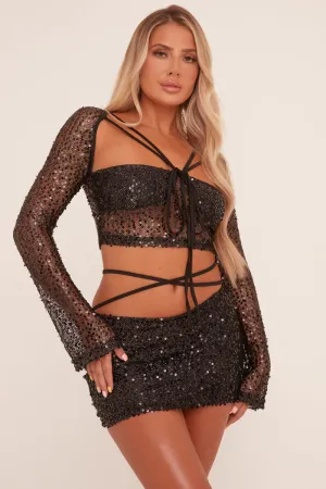 Black Sequin Tie Detail Crop Top & Mini Skirt Co-ord Set - Skylar