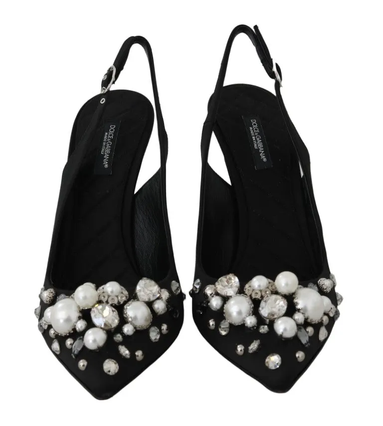 Black Silk Raso Crystal Slingbacks Shoes