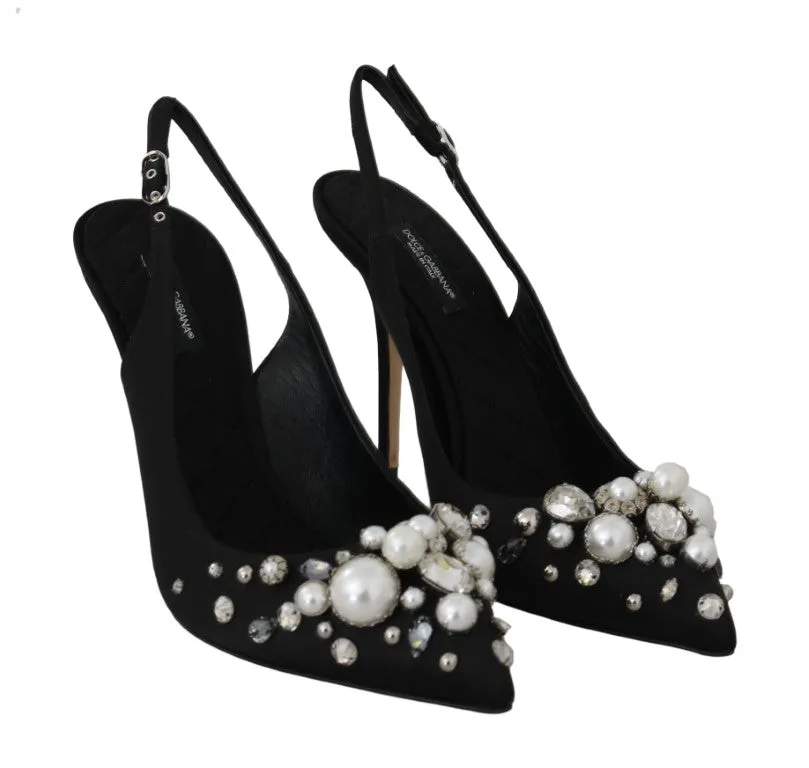 Black Silk Raso Crystal Slingbacks Shoes