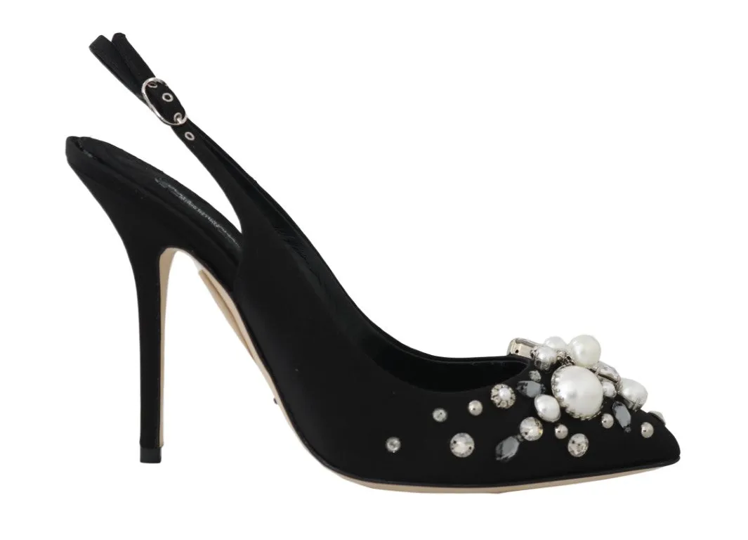 Black Silk Raso Crystal Slingbacks Shoes