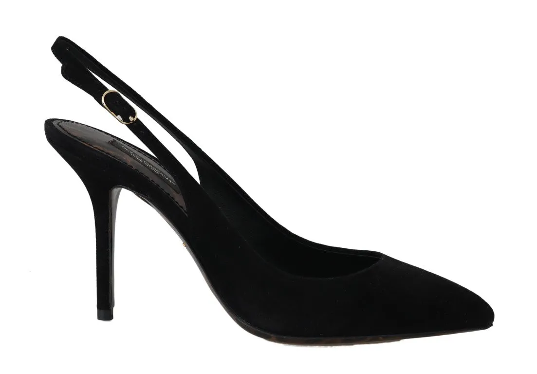 Black Suede Leather Slingbacks Heels