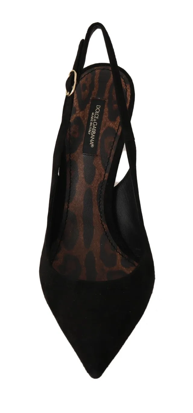 Black Suede Leather Slingbacks Heels