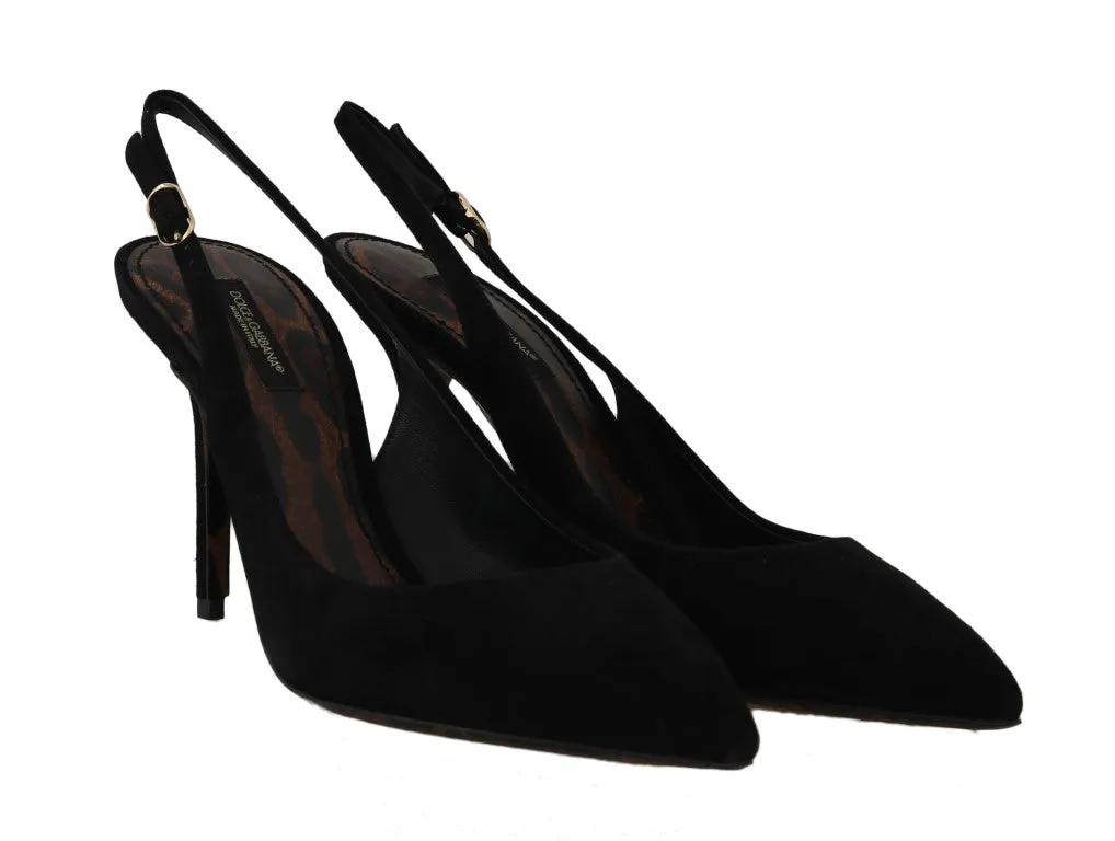Black Suede Leather Slingbacks Heels