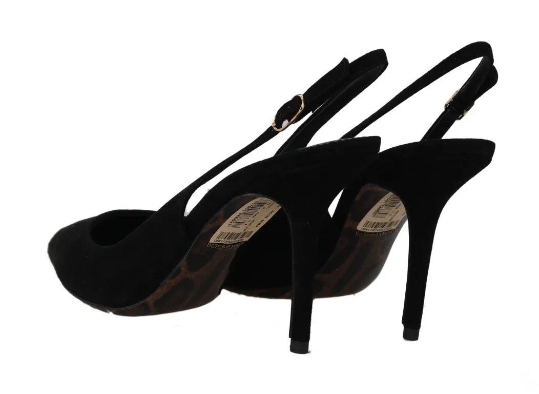 Black Suede Leather Slingbacks Heels