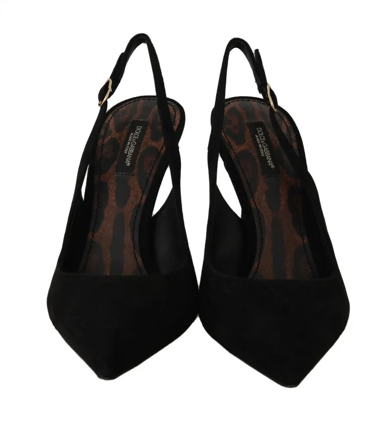 Black Suede Leather Slingbacks Heels