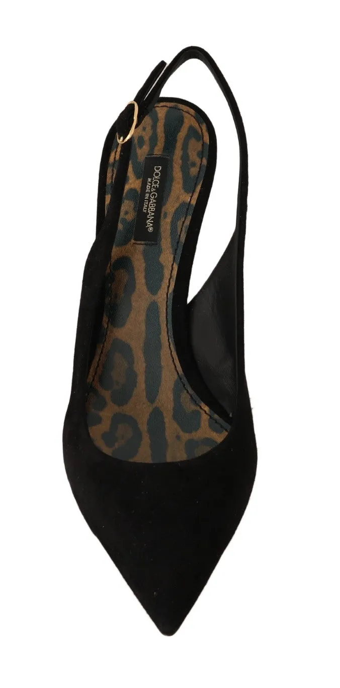 Black Suede Leather Slingbacks Heels