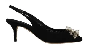 Black Taormina Lace Crystal Slingbacks