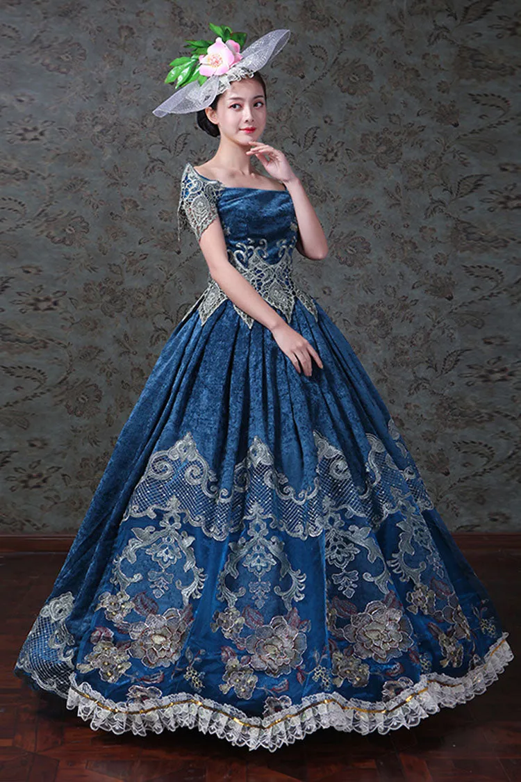 Blue Boat Neck Off-The-Shoulder High Waisted Embroidery Floral Print Victorian Lolita Prom Dress