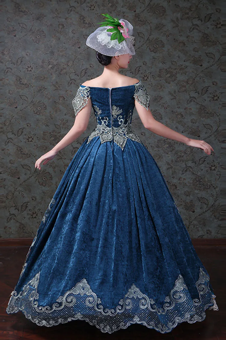 Blue Boat Neck Off-The-Shoulder High Waisted Embroidery Floral Print Victorian Lolita Prom Dress