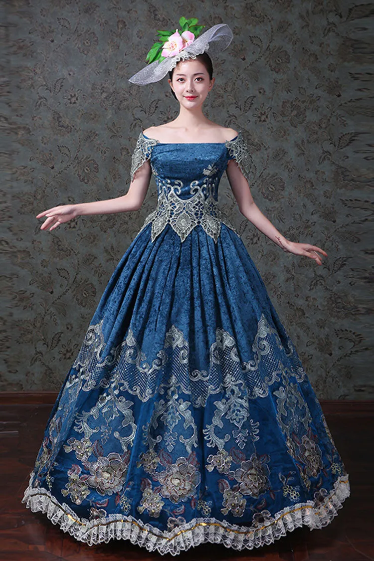 Blue Boat Neck Off-The-Shoulder High Waisted Embroidery Floral Print Victorian Lolita Prom Dress