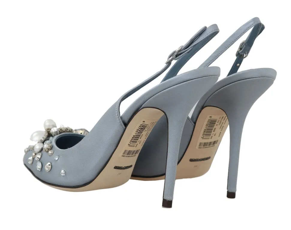 Blue Silk Raso Crystal Slingbacks Shoes