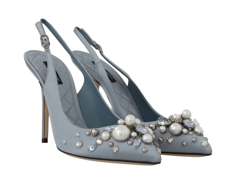 Blue Silk Raso Crystal Slingbacks Shoes
