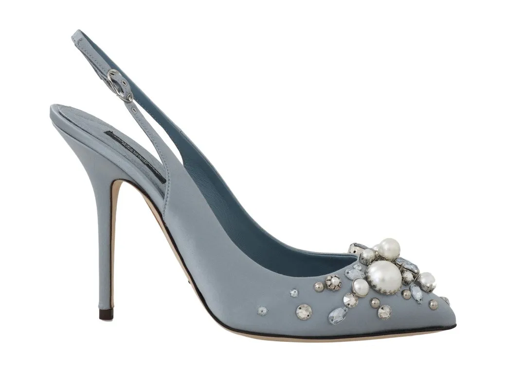 Blue Silk Raso Crystal Slingbacks Shoes