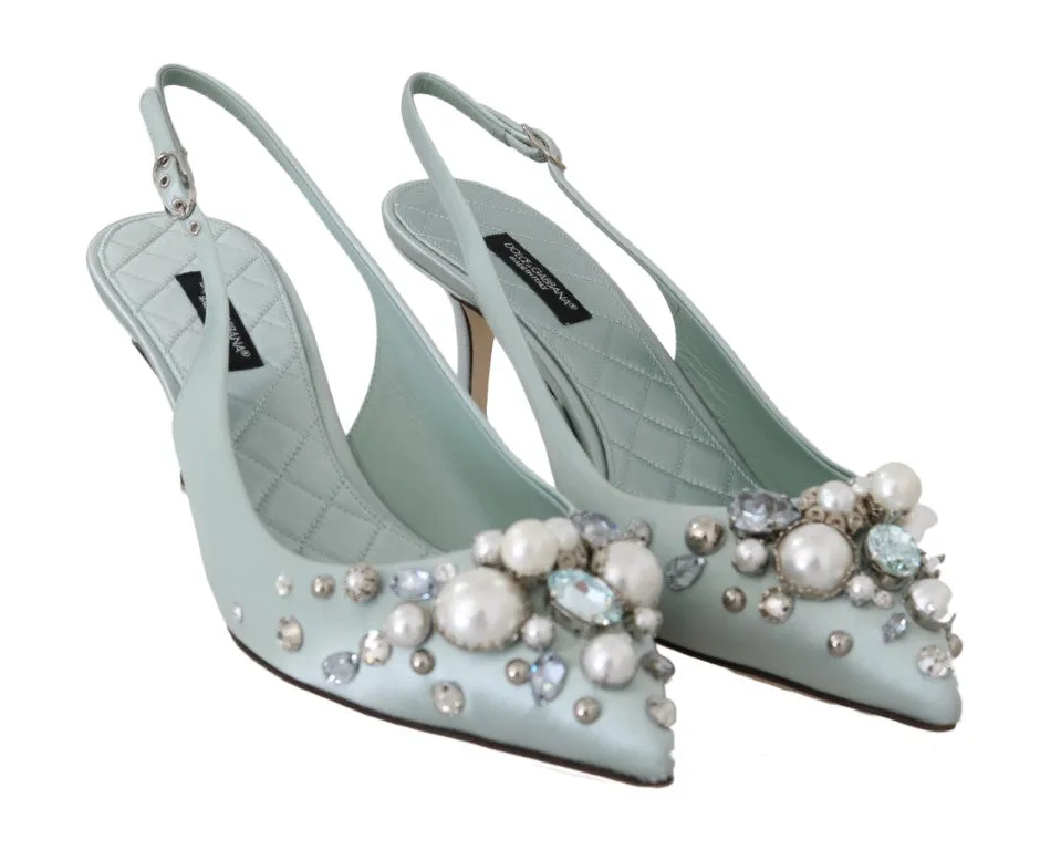 Blue Silk Raso Crystal Slingbacks Shoes